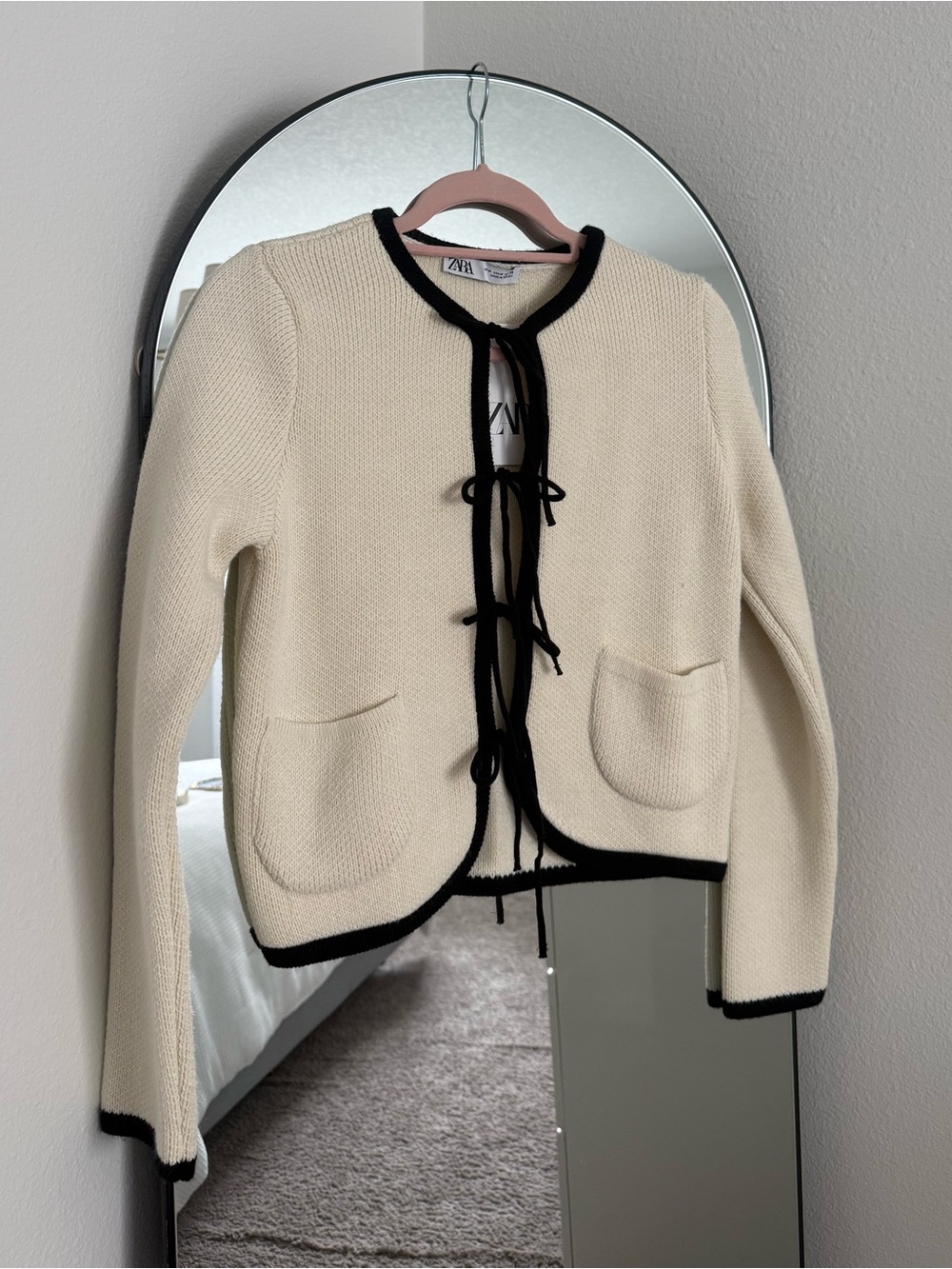 Zara Cream Knit Cardigan with Black Contrast Trim